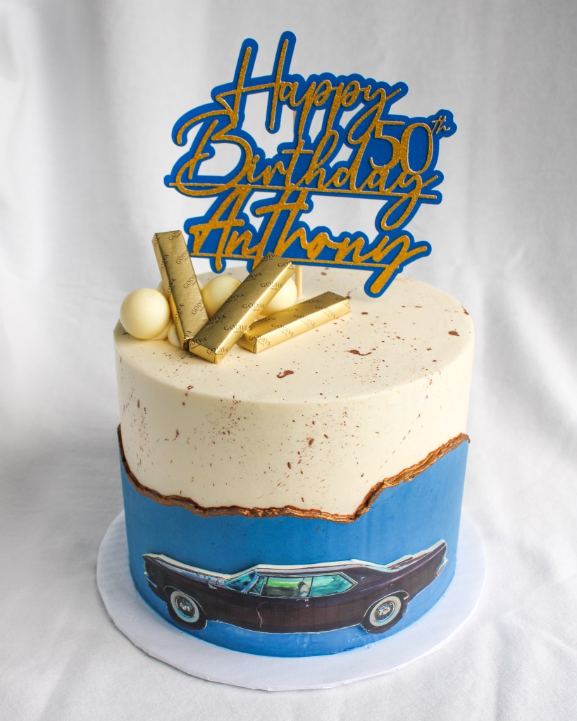 custom cake with cardstock topper and candy