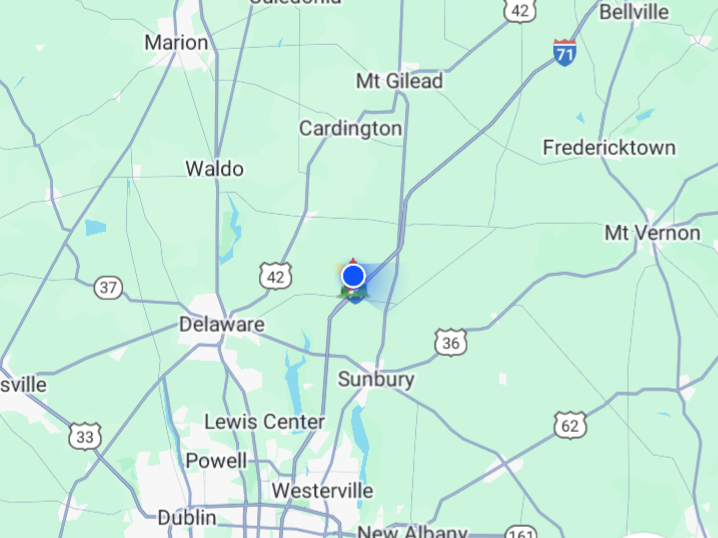 map of north central Ohio and the approximate location of Sam's Sweets