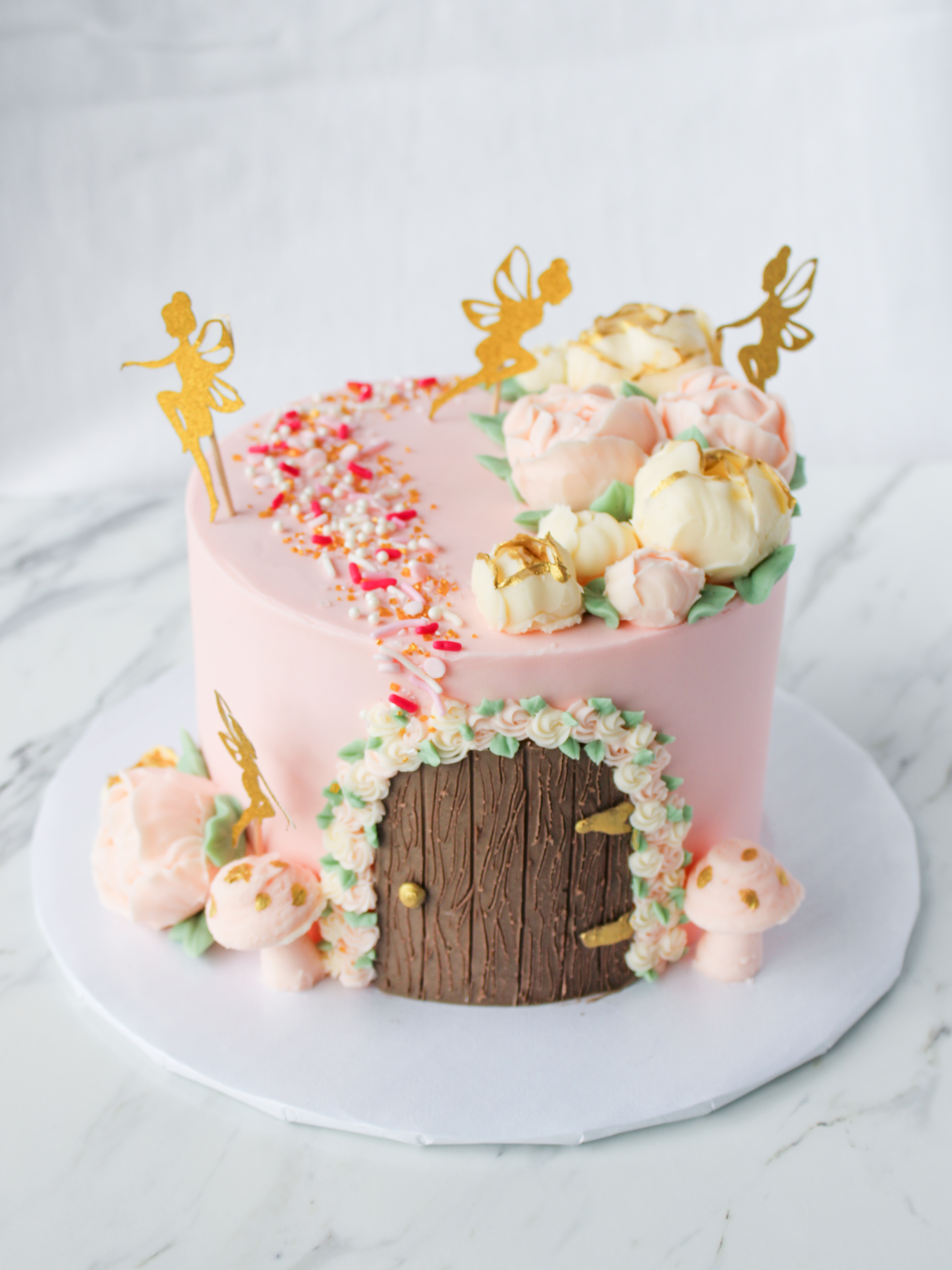 buttercream fairy garden cake with peonies