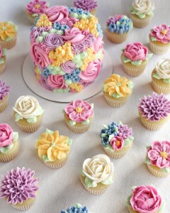 swirls and rosettes crazy cake with mini flower cupcakes