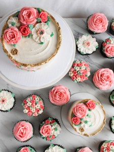 4" and 6" flower cakes with full size buttercream flower cupcakes